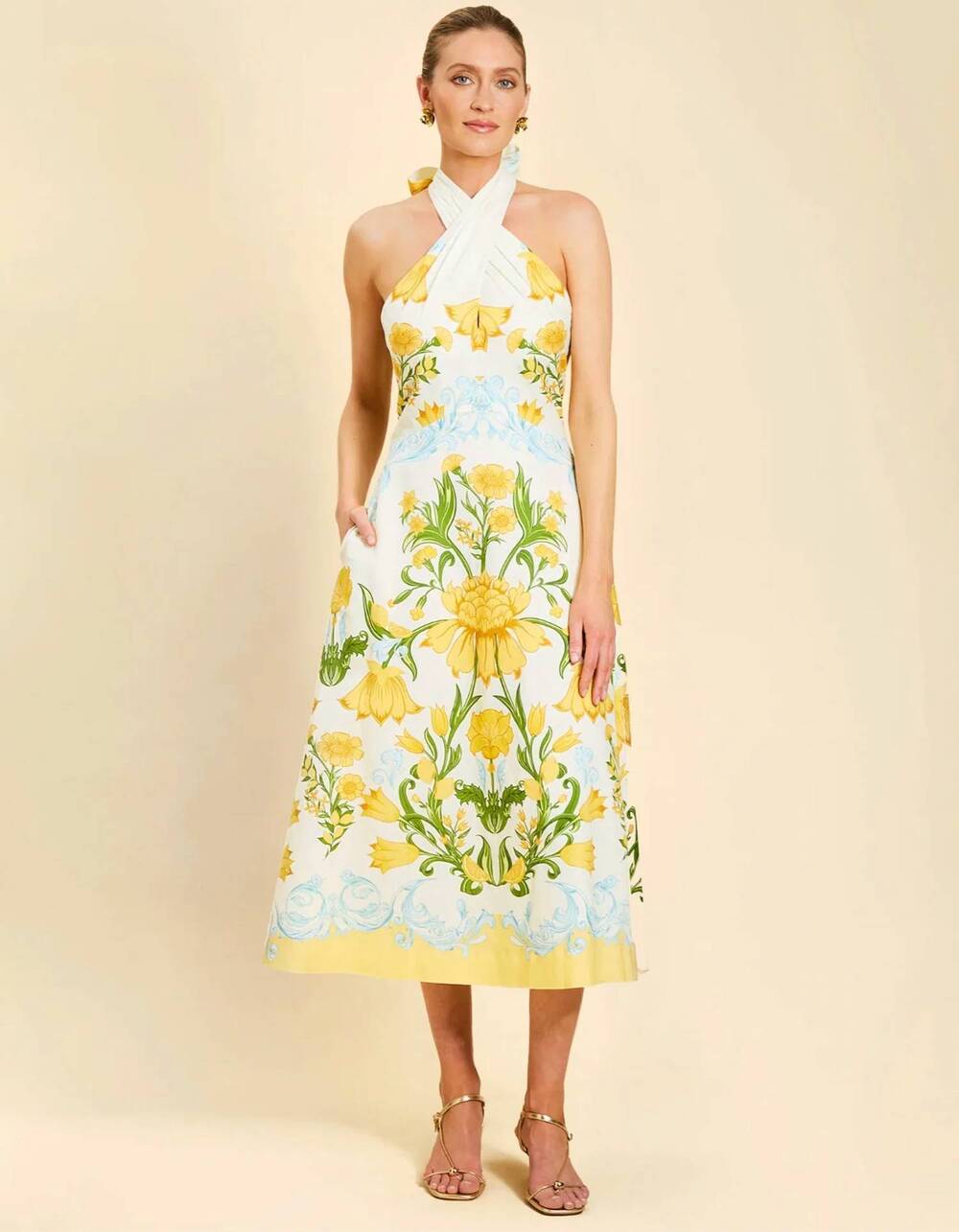 NEW MESTIZA NEW YORK copacabana halter midi dress in lemon verbena